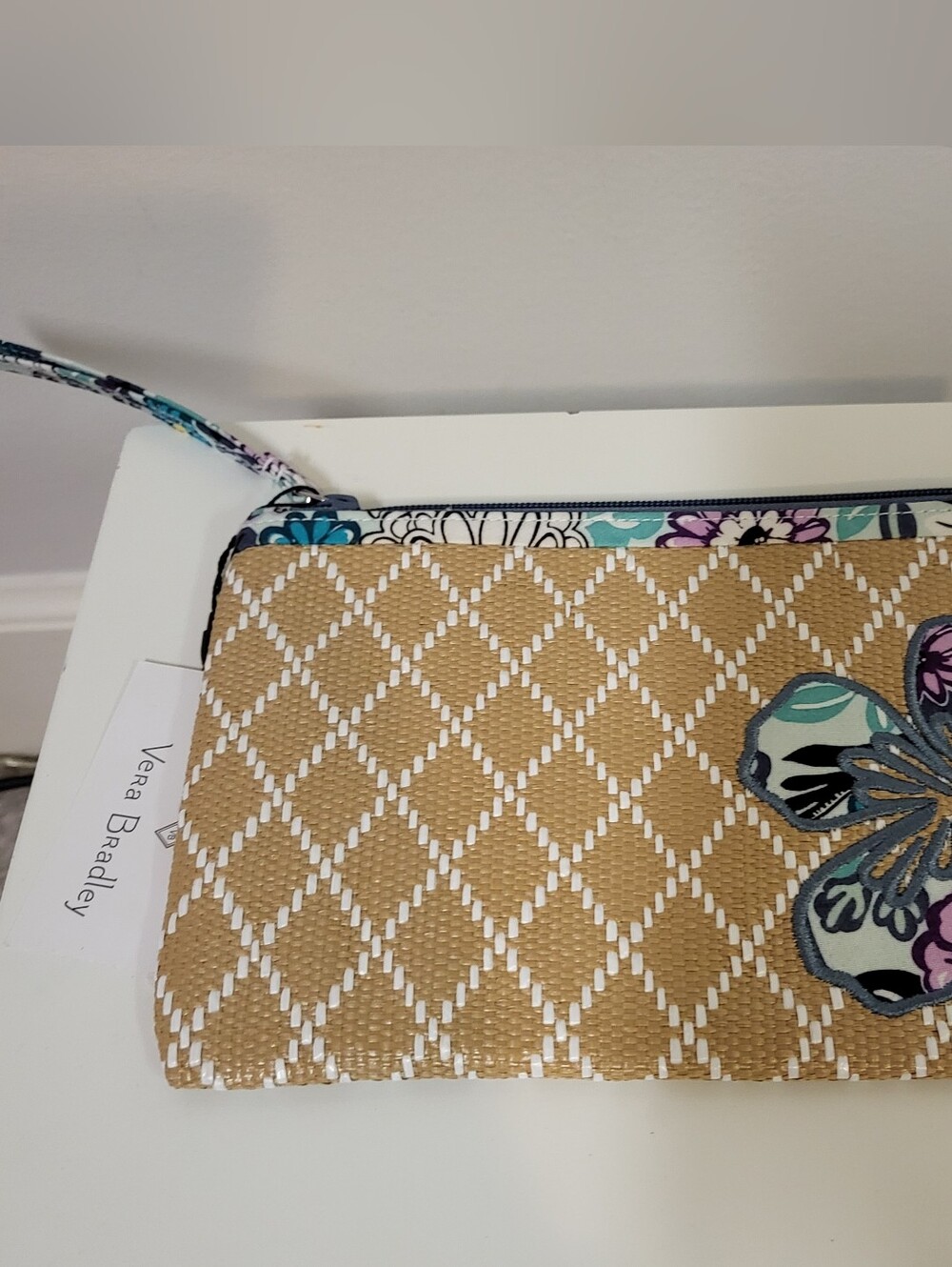 Vera Bradley Tan Woven Beach Wristlet with Floral Trim